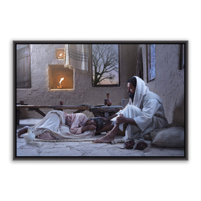 Jesus Christ with Mary at His feet. A modern realistic Christian art work on metal with black frame by Reflections of Christ.