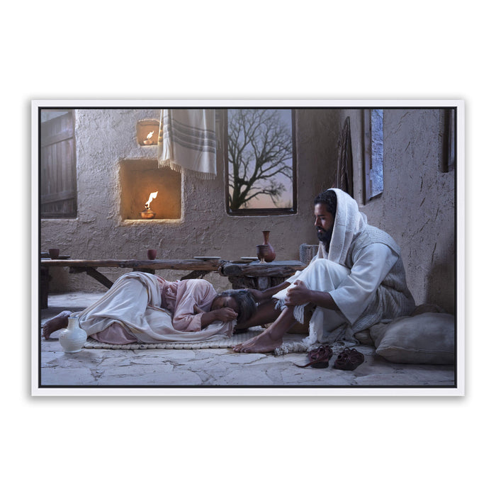 Jesus Christ with Mary at His feet. A modern realistic Christian art work on metal with white frame by Reflections of Christ.