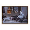 Jesus Christ with Mary at His feet. A modern realistic Christian art work on canvas with gold frame by Reflections of Christ.