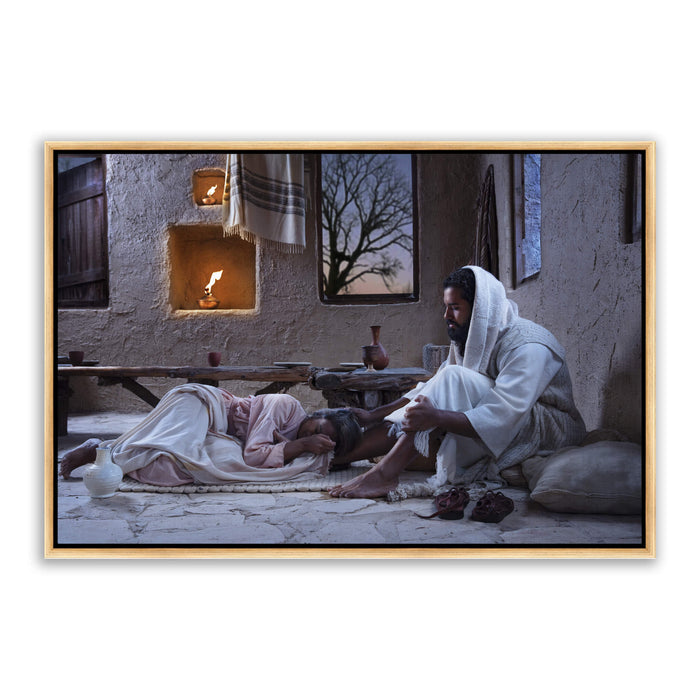Jesus Christ with Mary at His feet. A modern realistic Christian art work on canvas with gold frame by Reflections of Christ.