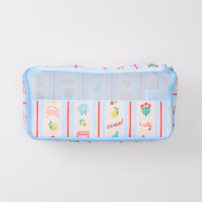 Close-up of the "Dolce Vita" fabric pattern, featuring vertical light blue and pink stripes decorated with small, repeating illustrations of lemons, red tomatoes, flowers, seashells, fish, a shrimp, and a "Sardines" tin. The text "ciao!" is written in red, cursive script among the illustrations.