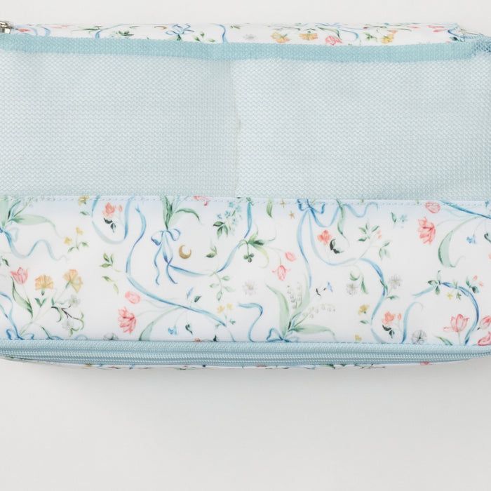 A light blue and white floral zippered pouch with a mesh pocket on the front, shown against a plain white background.