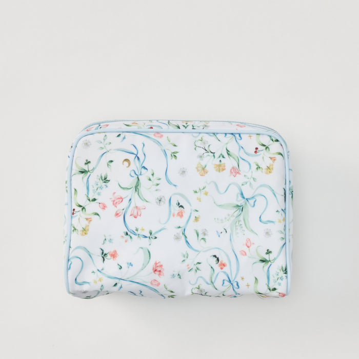 A rectangular zippered pouch with rounded corners, featuring a delicate watercolor floral and vine pattern on a white background with light blue borders.