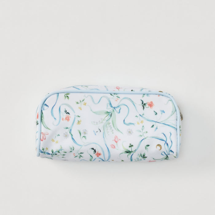 A small zippered cosmetic pouch with a white background and a delicate watercolor-style floral and vine pattern in light blue, green, pink, and yellow, shown on a clean white background.