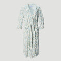 A long-sleeved wrap robe with a matching waist tie, featuring a delicate paisley and floral pattern in soft pastel shades of green, pink, and blue on a white base, shown against a light gray background.
