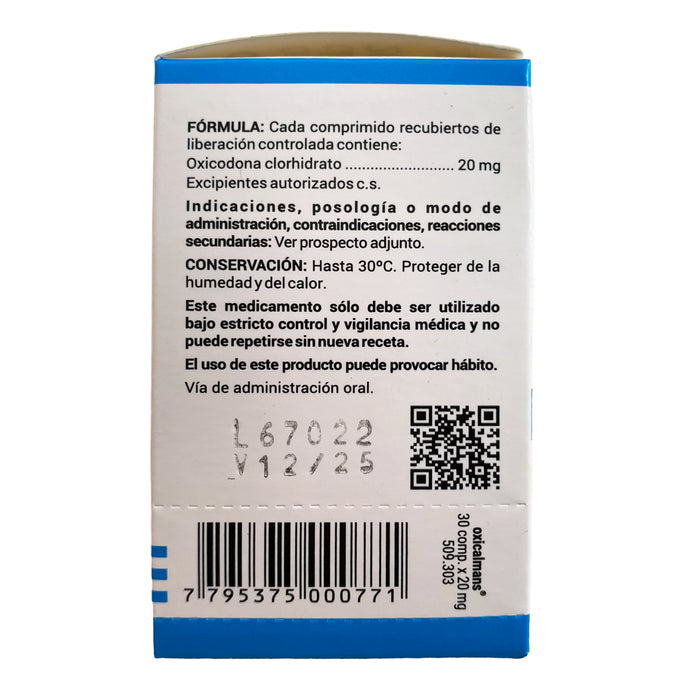 Oxicalmans 20Mg Oxicodona Frasco X 30 Comprimidos