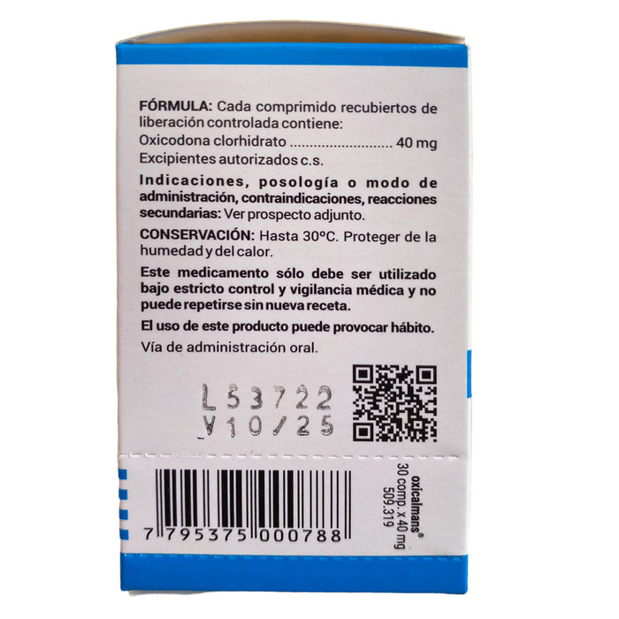 Oxicalmans 40Mg Oxicodona Frasco X 30 Comprimidos