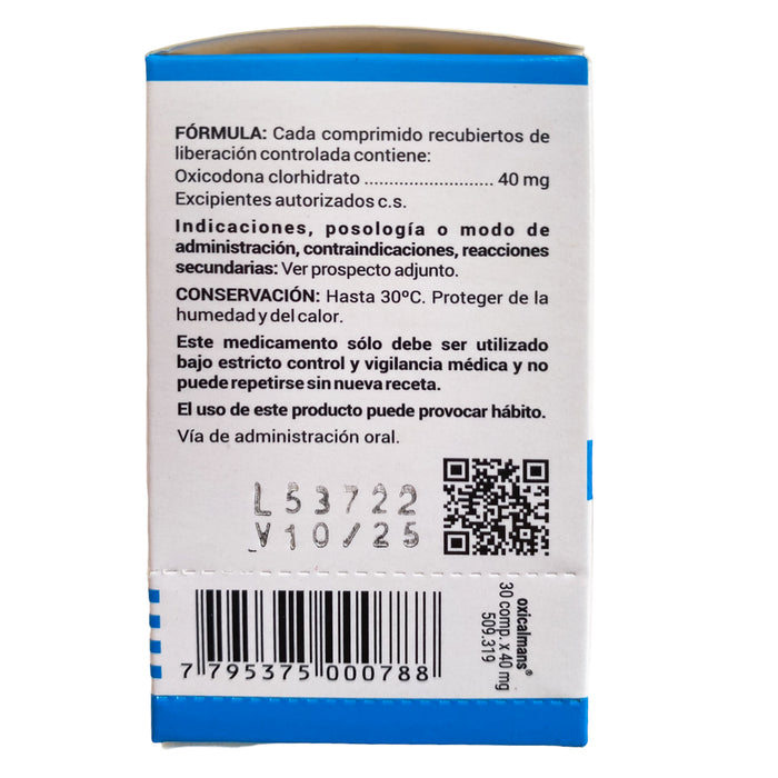 Oxicalmans 40Mg Oxicodona Frasco X 30 Comprimidos