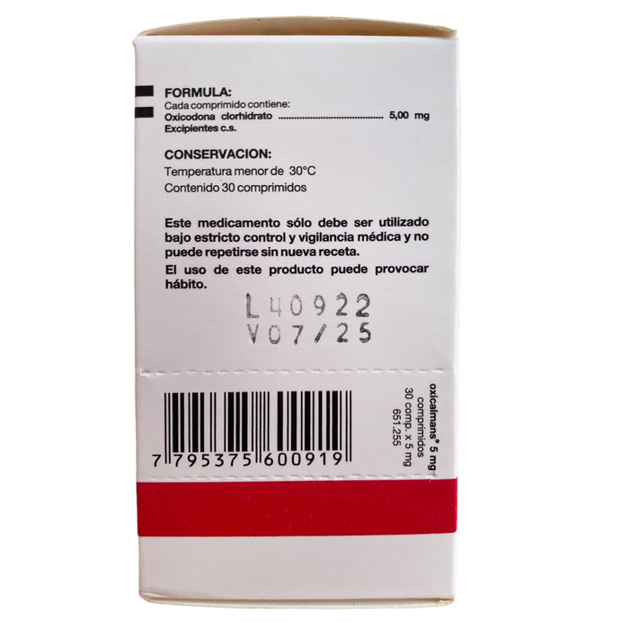 Oxicalmans 5Mg Oxicodona Frasco X 30 Comprimidos