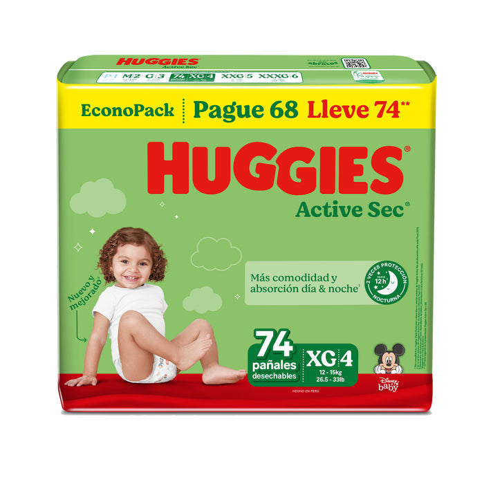 Pañales Active Sec Xg/4 Verde Huggies X 74 Unidades
