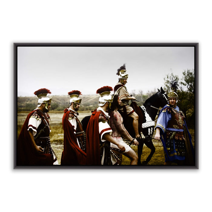 Jesus Christ 'Patience' with Roman soldiers. Realistic Christian art work on metal with black frame by Reflections of Christ.