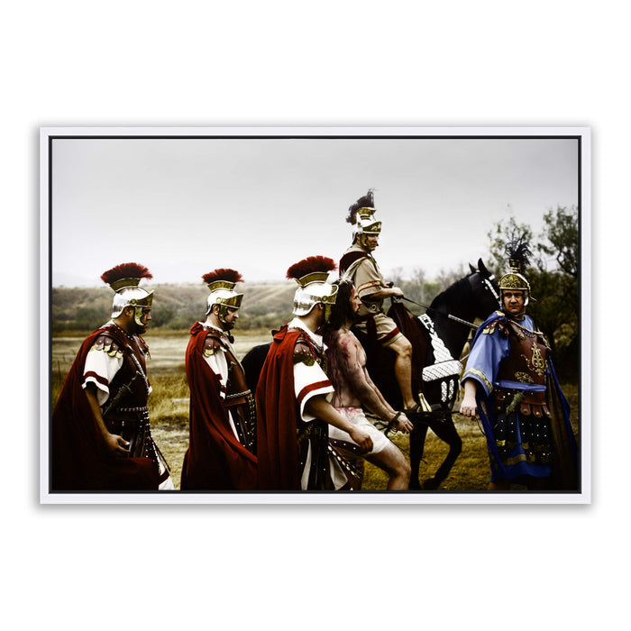 Jesus Christ 'Patience' with Roman soldiers. Realistic Christian art work on metal with white frame by Reflections of Christ.