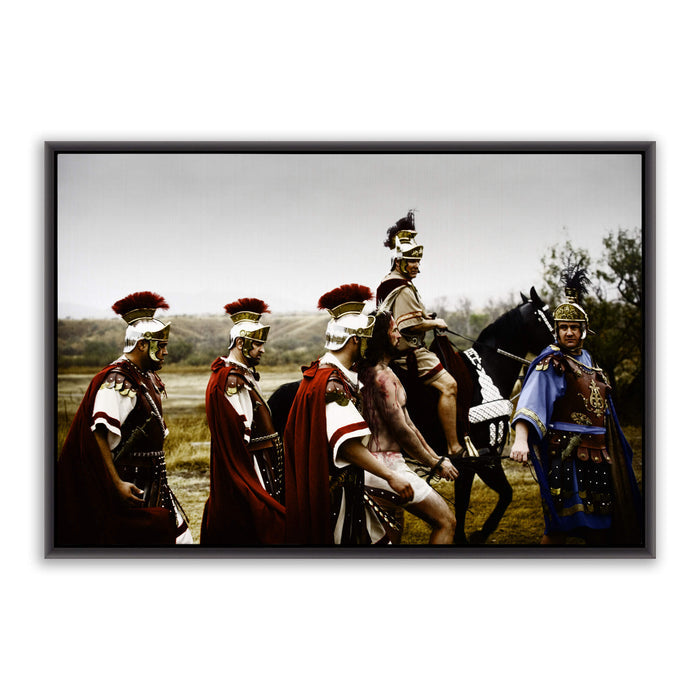 Jesus Christ 'Patience' with Roman soldiers. Realistic Christian art work on canvas with black frame by Reflections of Christ.