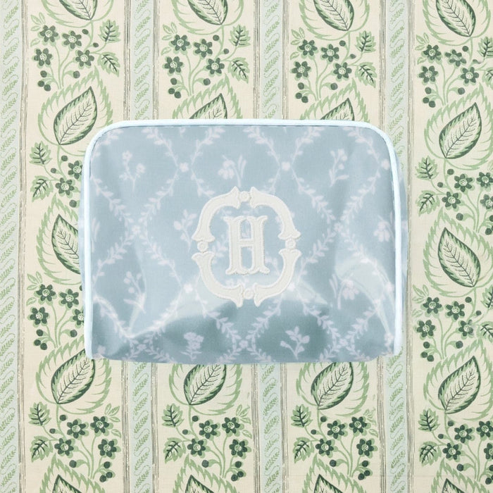 photo of the large patterned toiletry bag in Blue Trellis Archive