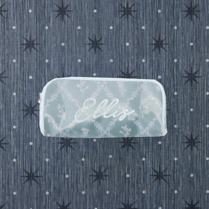 photo of the mini patterned toiletry bag in Blue Trellis Archive