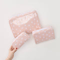 photo of the patterned toiletry bag trio (large, small, and medium) in Tossed Pink Hearts Archive