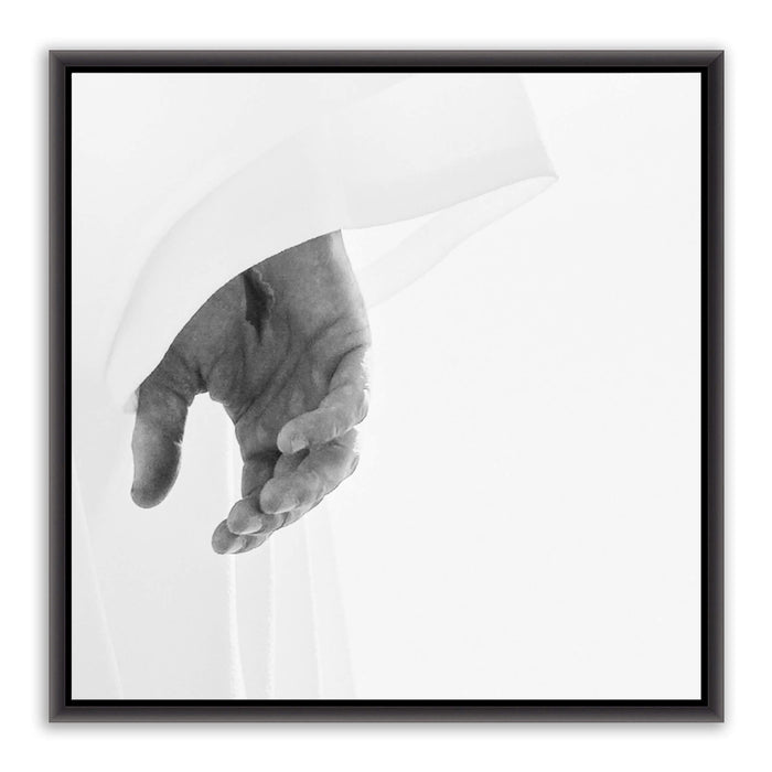 Jesus Christ 'Perfect' pierced hand. Realistic Christian art work on metal with black frame by Reflections of Christ.