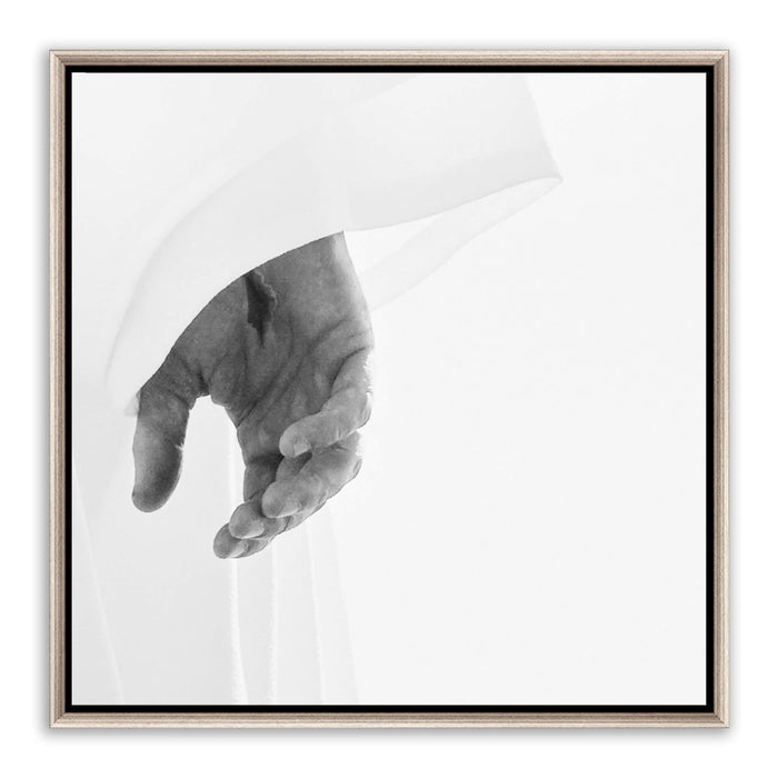 Jesus Christ 'Perfect' pierced hand. Realistic Christian art work on metal with silver frame by Reflections of Christ.