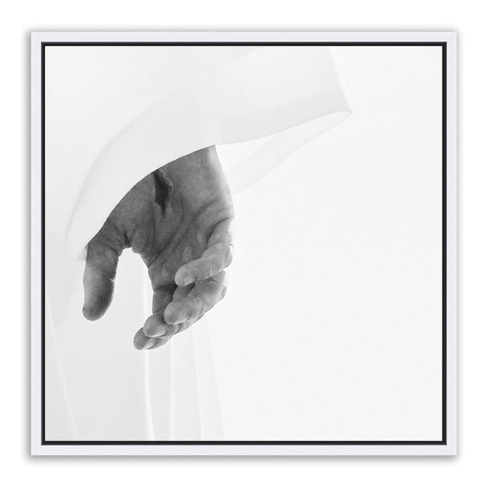Jesus Christ 'Perfect' pierced hand. Realistic Christian art work on metal with white frame by Reflections of Christ.