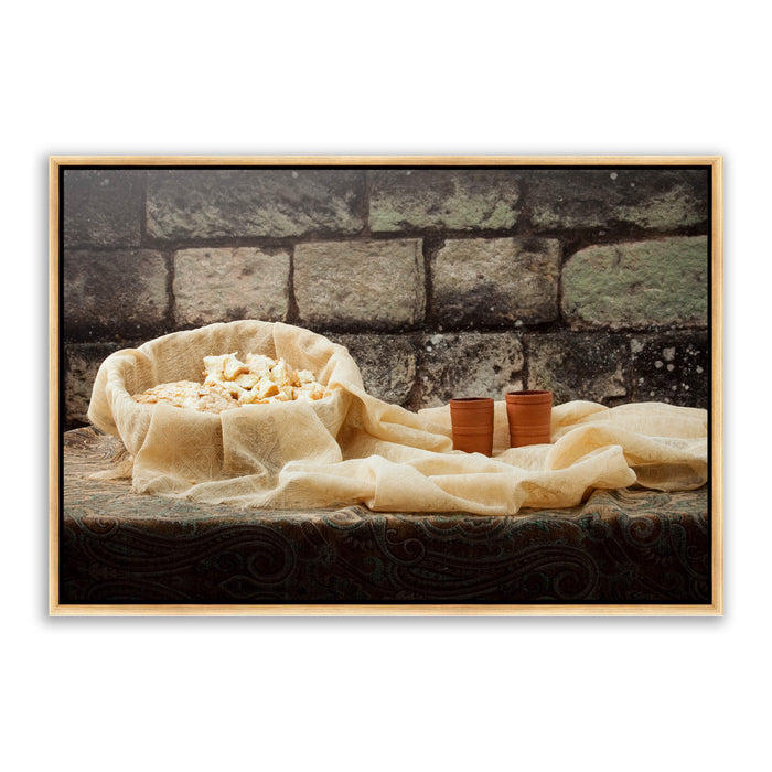 Bread and wine 'Remember Me' communion. Modern Christian art work on metal with gold frame by Reflections of Christ.