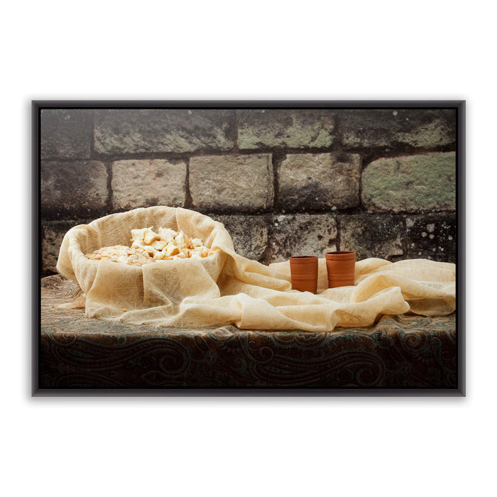 Bread and wine 'Remember Me' communion. Modern Christian art work on metal with black frame by Reflections of Christ.