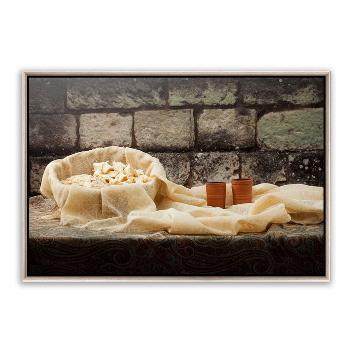 Bread and wine 'Remember Me' communion. Modern Christian art work on metal with silver frame by Reflections of Christ.