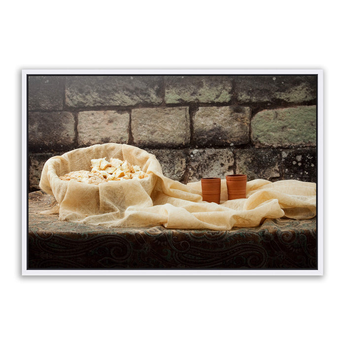 Bread and wine 'Remember Me' communion. Modern Christian art work on metal with white frame by Reflections of Christ.