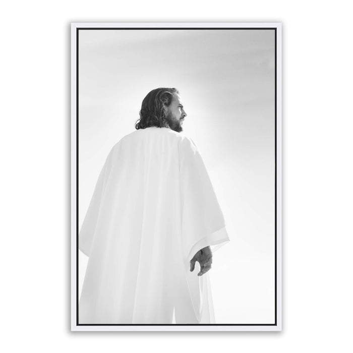 Jesus Christ 'Resurrection' risen Savior. Black and white realistic Christian art work on metal with white frame by Reflections of Christ.