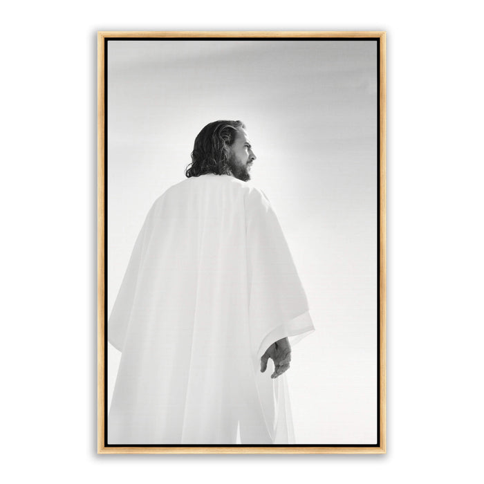 Jesus Christ 'Resurrection' risen Savior. Black and white realistic Christian art work on canvas with gold frame by Reflections of Christ.