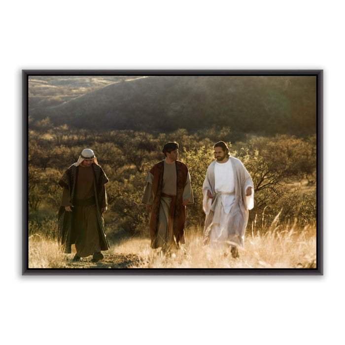 Modern Christian pictures. 'Road to Emmaus' Savior Jesus on metal with black frame by Reflections of Christ.