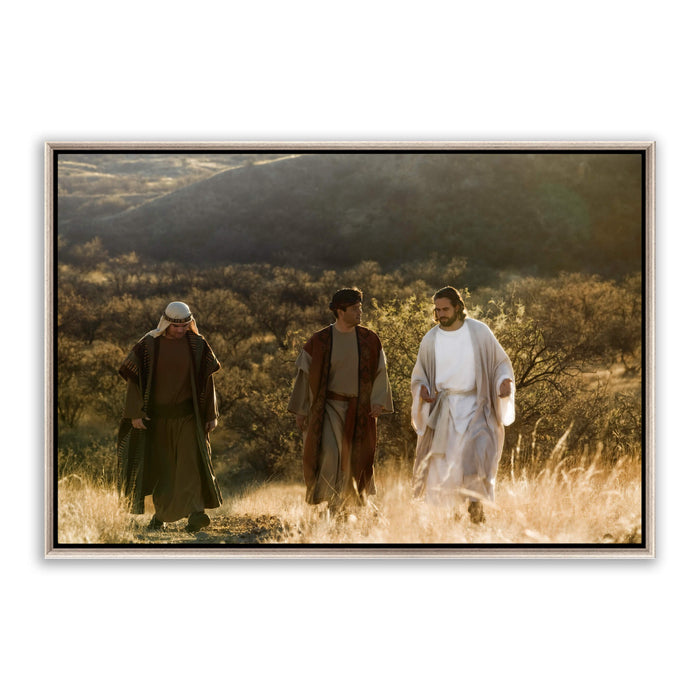 Modern Christian pictures. 'Road to Emmaus' Savior Jesus on metal with silver frame by Reflections of Christ.