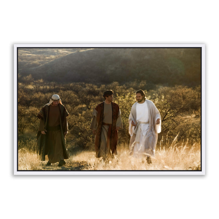 Modern Christian pictures. 'Road to Emmaus' Savior Jesus on metal with white frame by Reflections of Christ.