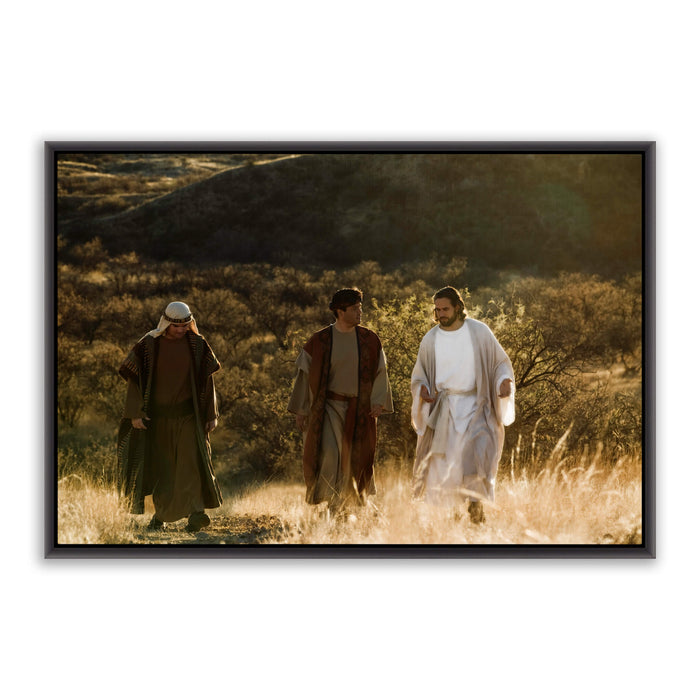 Modern Christian pictures. 'Road to Emmaus' Savior Jesus on canvas with black frame by Reflections of Christ.