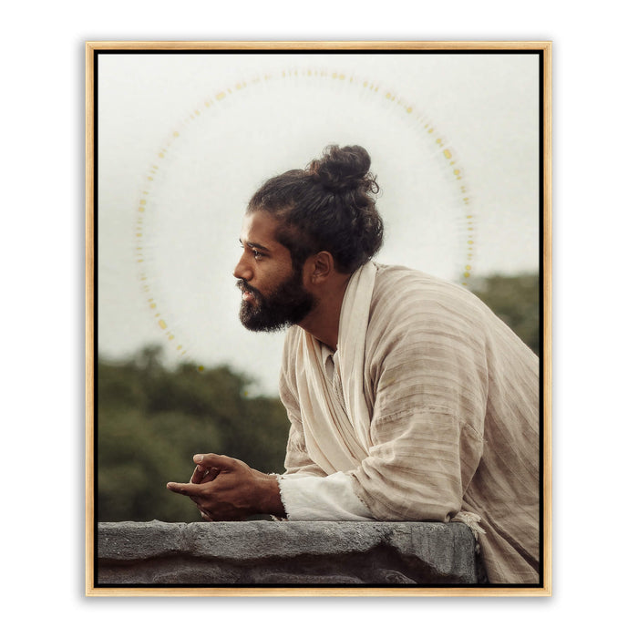 Jesus Christ 'Savior' at the well. Realistic Christian portrait on metal with gold frame by Reflections of Christ.