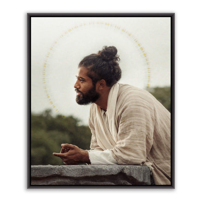 Jesus Christ 'Savior' at the well. Realistic Christian portrait on metal with black frame by Reflections of Christ.