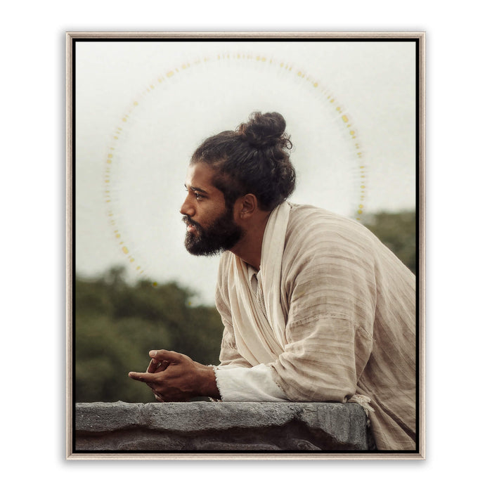 Jesus Christ 'Savior' at the well. Realistic Christian portrait on metal with silver frame by Reflections of Christ.