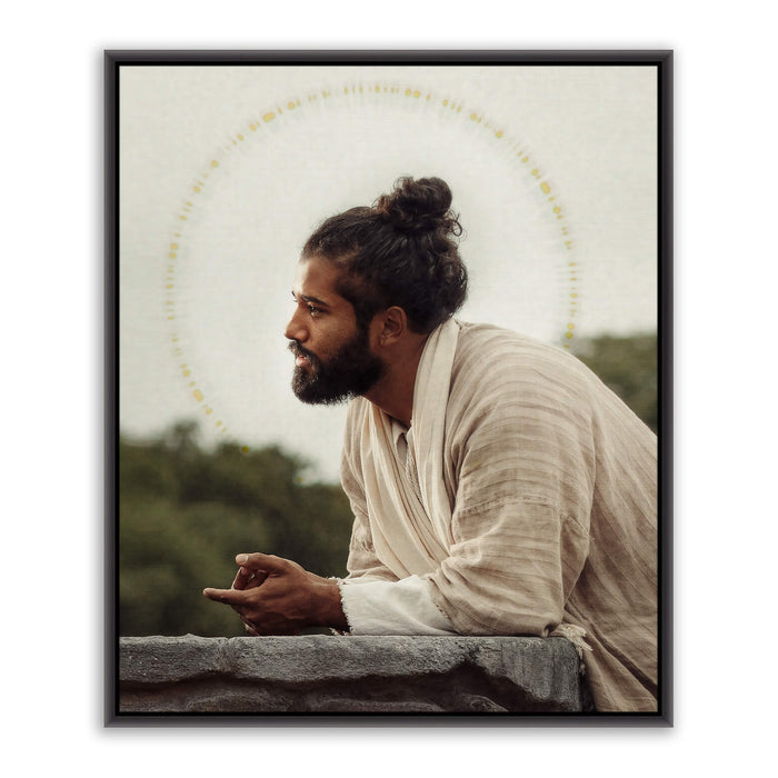 Jesus Christ 'Savior' at the well. Realistic Christian portrait on canvas with black frame by Reflections of Christ.