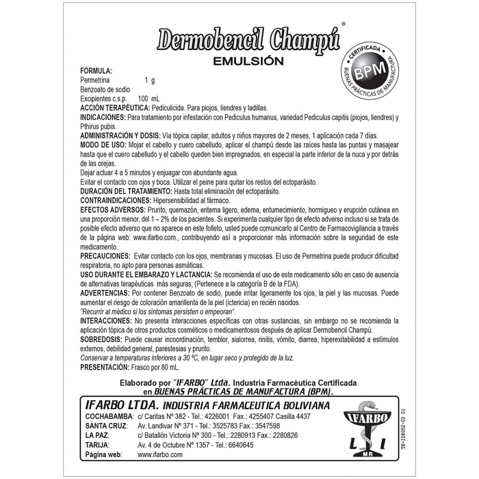 Shampoo Dermobencil Escabicida Pediculicida X 80Ml