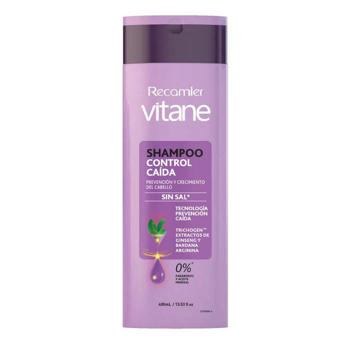 Botella de Shampoo Recamier Vitane Acción Anticaída, 400ml.
