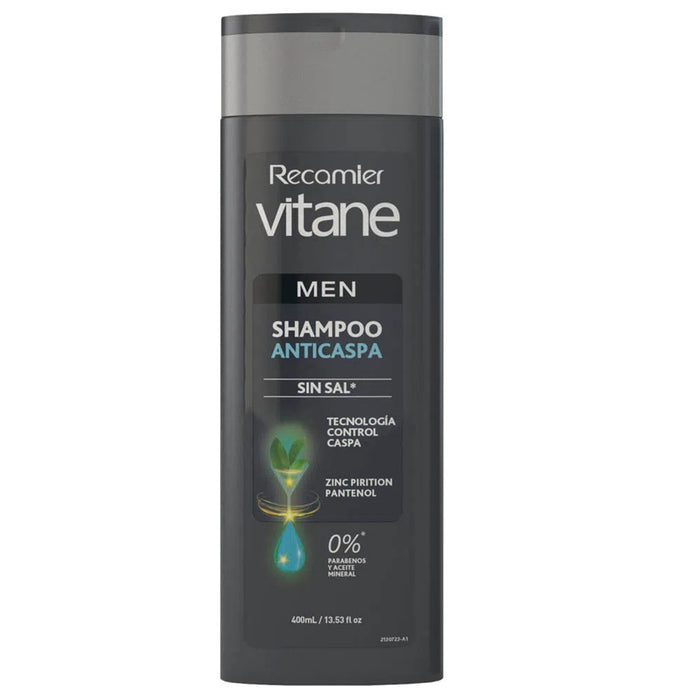 Botella de champú Recamier Vitane Men ZPT + Amino Complex.