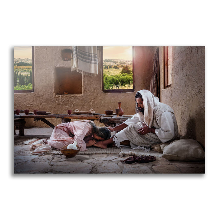 Jesus Christ anointed by Mary. 'She Has Kept This' realistic Christian art work on metal by Reflections of Christ.