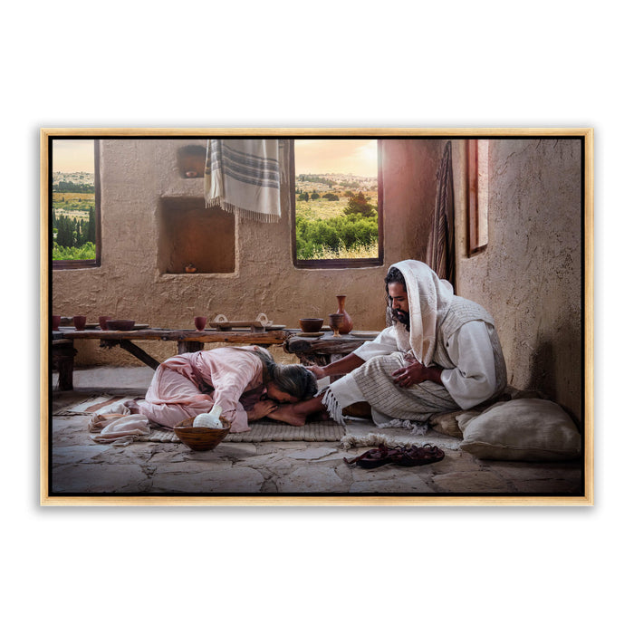 Jesus Christ anointed by Mary. 'She Has Kept This' realistic Christian art work on metal with gold frame by Reflections of Christ.