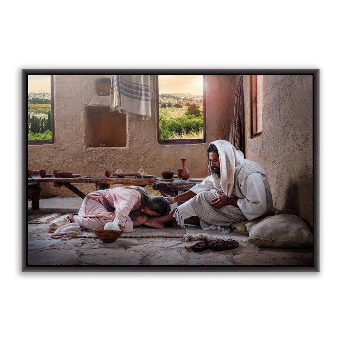 Jesus Christ anointed by Mary. 'She Has Kept This' realistic Christian art work on metal with black frame by Reflections of Christ.