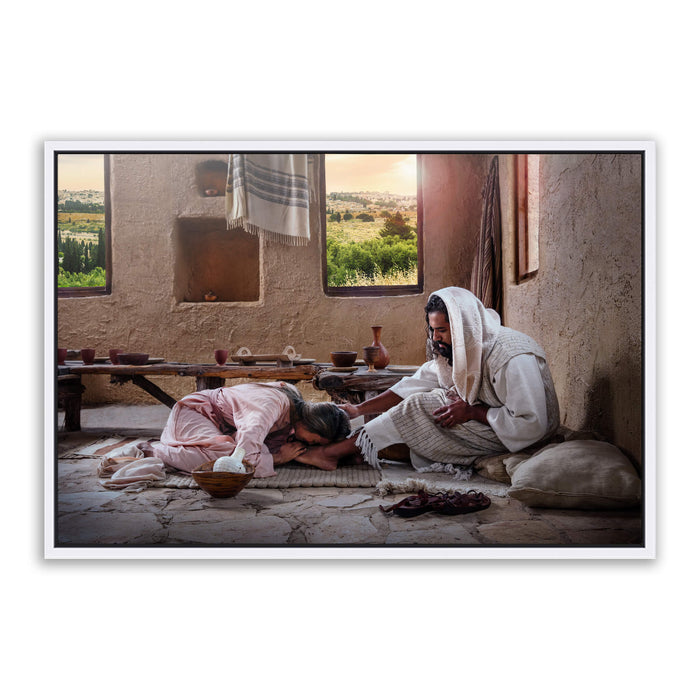 Jesus Christ anointed by Mary. 'She Has Kept This' realistic Christian art work on metal with white frame by Reflections of Christ.