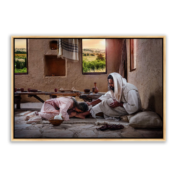 Jesus Christ anointed by Mary. 'She Has Kept This' realistic Christian art work on canvas with gold frame by Reflections of Christ.