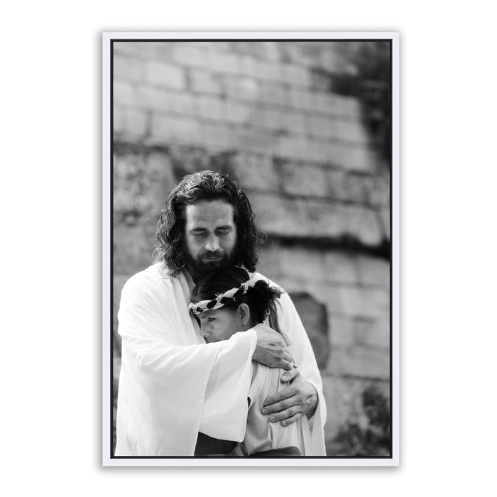Jesus Christ 'Shelter' embrace. Modern black and white Christian art work on metal with white frame by Reflections of Christ.