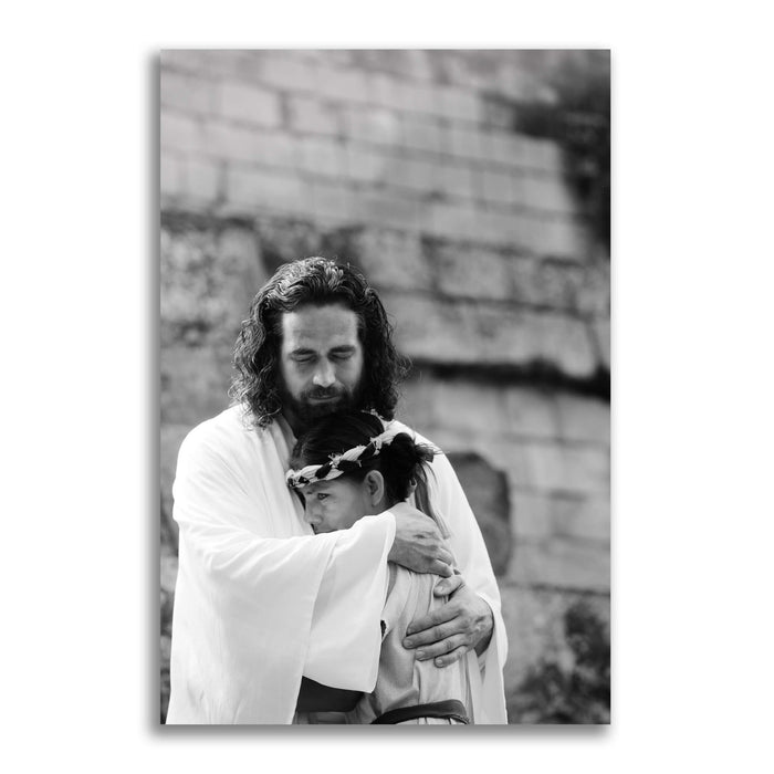 Jesus Christ 'Shelter' embrace. Modern black and white Christian art work on metal by Reflections of Christ.