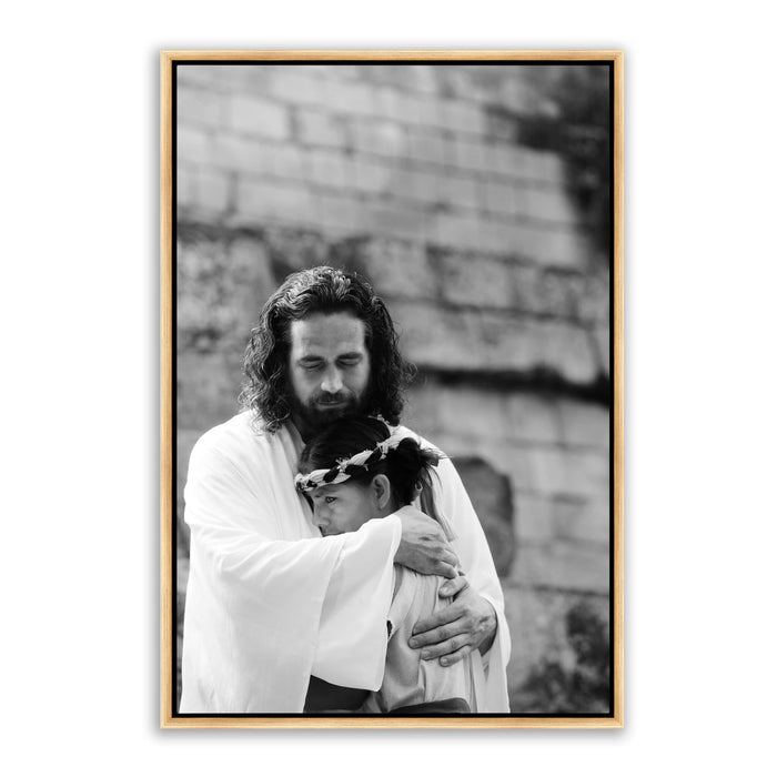 Jesus Christ 'Shelter' embrace. Modern black and white Christian art work on metal with gold frame by Reflections of Christ.