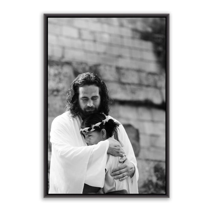 Jesus Christ 'Shelter' embrace. Modern black and white Christian art work on metal with black frame by Reflections of Christ.
