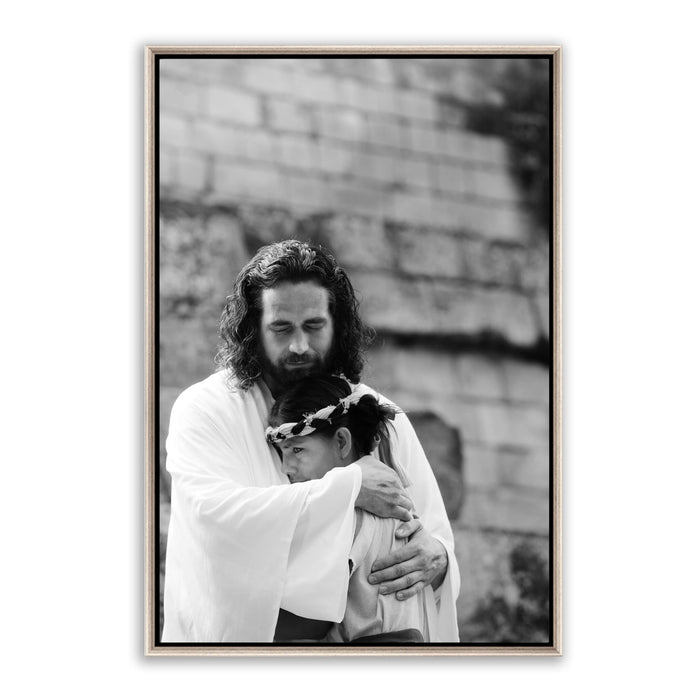Jesus Christ 'Shelter' embrace. Modern black and white Christian art work on metal with silver frame by Reflections of Christ.